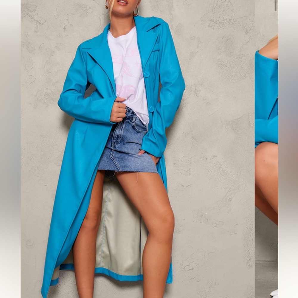 PrettyLittleThing Bright Turquoise Long Trench Coat
